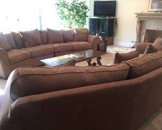 Pair of oversized large theatre style COMFY/COZY EXTRA LONG sectional sofas/couches. Buy 1 or buy the pair. Comes in four separate pieces with connectors. Approx dimensions each sofa: Width 159" x depth 40" x height 34" including cushions.   