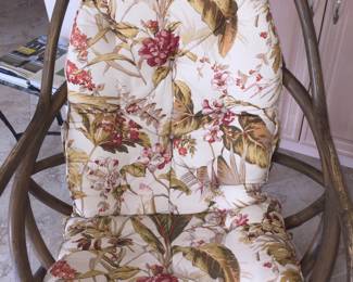 Rattan upholstered sofa/couch w/matching large and small rattan upholstered chairs.  Sold together or separately. Sofa dimensions: Width 32". Large chair: W 28" x D 33".  Small chair: W 30" x D 31".  See matching rattan coffee table with white top to this set in this sale. So pretty for sunroom/porch, too!