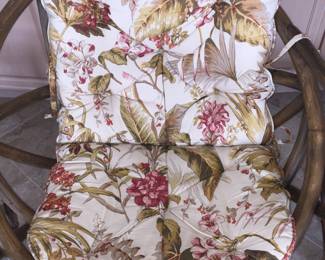 Rattan upholstered sofa/couch w/matching large and small rattan upholstered chairs.  Sold together or separately. Sofa dimensions: Width 32". Large chair: W 28" x D 33".  Small chair: W 30" x D 31".  See matching rattan coffee table with white top to this set in this sale. So pretty for sunroom/porch, too!