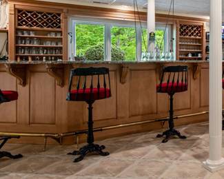 Fabulous set of 6 antique swivel black laquered parlor bar stools with red plush comfy cushioned seats and foot rest. Dimensions: Seat height 31". Back height 42".  Heavy and solid. 