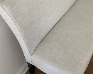 Williams Sonoma Fitzgerald Bench from their timeless current collection. Upholstered in neutral linen. WS retail price is $1,600 with order wait time next year.  Dimensions: Width 75" x depth 26" x height 35". In very good condition.  