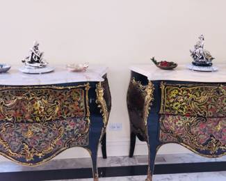 Pair of Louis XV Style Lacquered Marble-Top Commodes: Height: 33.5 inches x Width: 45.5 x Depth: 20.5 inches