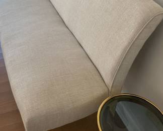 Williams Sonoma Fitzgerald Bench from their timeless current collection. Upholstered in neutral linen. WS retail price is $1,600 with order wait time next year.  Dimensions: Width 75" x depth 26" x height 35". In very good condition.  