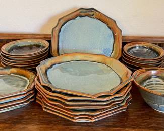Commins Studio Pottery Stoneware Blue Brown Glaze Dishware - Dinner Plates, Side Plates, Bowls, And More