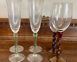 (6) Art Glass Stem Champaign Glasses - 4 Green Spiral, 2 Amber Glass