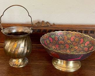 Mid Century Solid Brass India Cloisonne Bowl And Solid Brass Brass Bucket