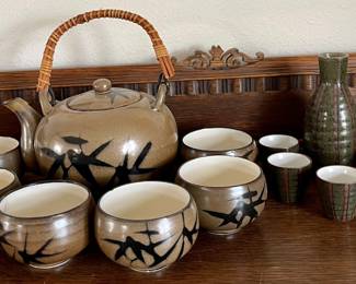 Vintage OMC Japan Tea Pot With 6 Cups, And Vintage Pottery Sake Set