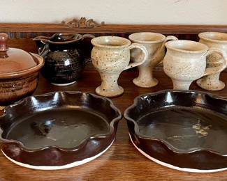 Darlis Lamb Pottery - 2 Pie Plates, 4 Handled Mugs, Cream And Sugar