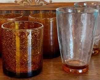 (5) Vintage Hand Blown Amber Bubble Glass Mexico Low Balls And (3) Amber Base Tumblers