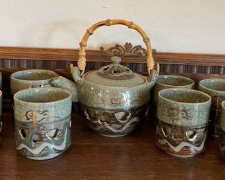 Vintage Somayaki Somaware Otagiri Gold Horse Green Tea Pot With 8 Tea Cups