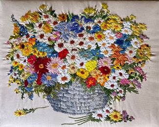 Vintage Hand Embroidered Multi Color Floral Basket Out Of Frame