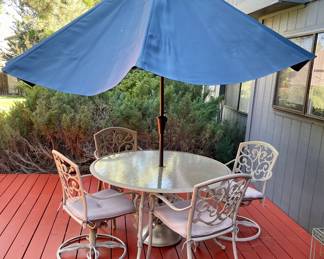 Grey Aluminum 6 Piece Patio Set Table With Two Rocking Chairs And Two Side Chairs - Blue Umbrella With Stand