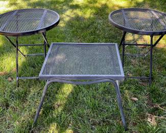 2 Black Metal Grate Top Outdoor Round Folding Tables And 1 Square Side Table