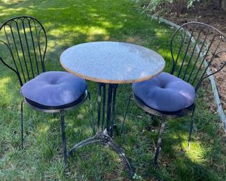 Antique Black Wrought Iron & Marble Top Patio Set With Two Wrought Iron Parlor Chairs - Purple Cushions
