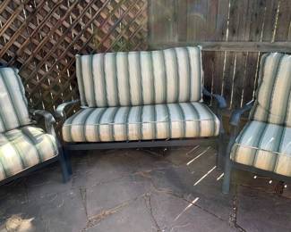 3 Piece Black Aluminum Patio Set - 2 Chairs And 1 Loveseat With Green Stripped Cushions