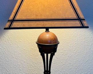 Vintage Robby Abbey Inc. Asian Black Metal And Oak Table Lamp With Custom Shade