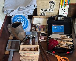 Small Assorted Art Lot - Pastels, Sculpture Tools, Optivisor, Darlis Lamb Mug, And More