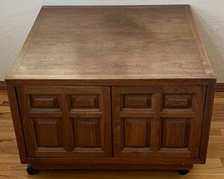 Mid Century Teak Wood And Veneer 2 Door Pedestal Side Table Cabinet On Wheels