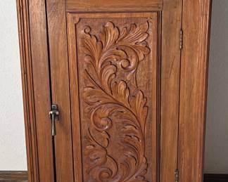 Antique Carved Walnut Acanthus Pattern Cabinet With Brass Latch