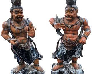 Carved Wood Chinese Warrior Temple Guards (Life-Size)