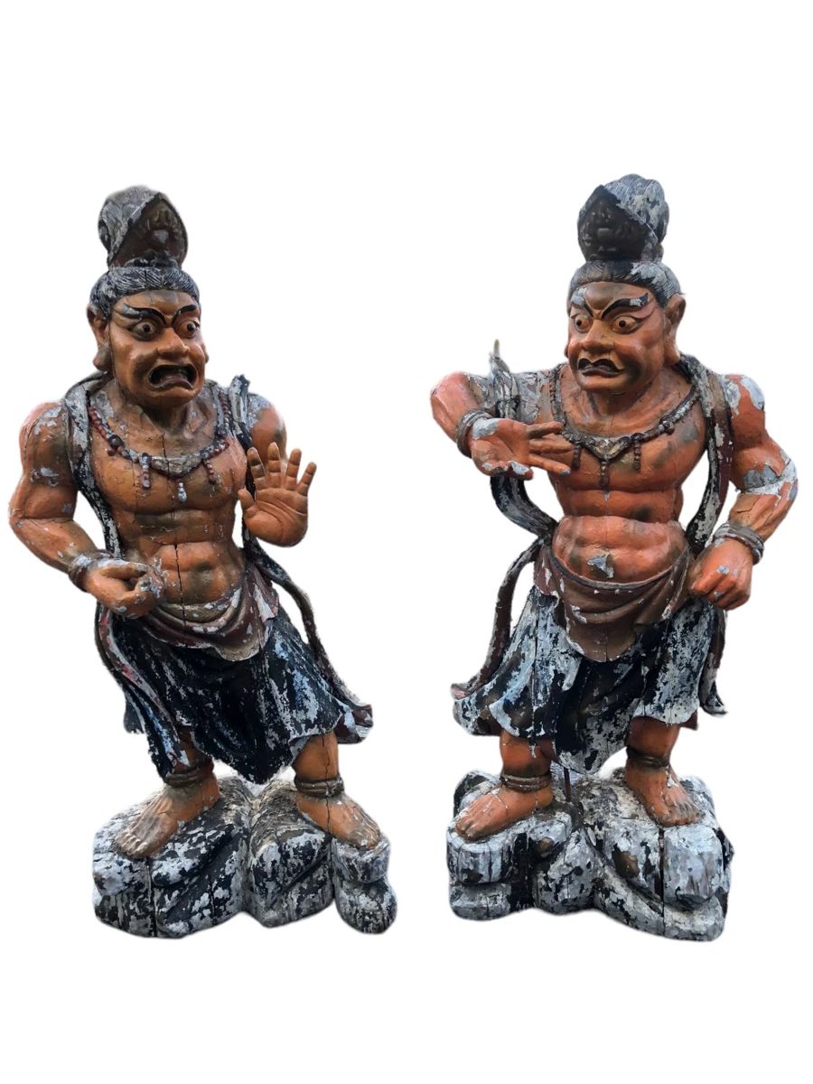 Carved Wood Chinese Warrior Temple Guards (Life-Size)