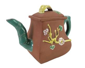 Vintage Chinese Yixing Style Clay Teapot With Teal Enameled Bamboo Spout & Handle