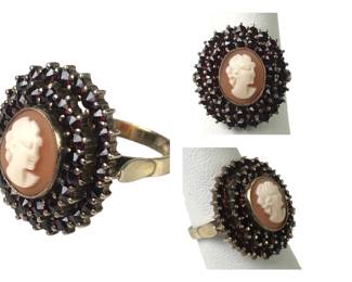Cameo Garnet Ring Set In 900 Silver, Size 6 