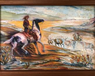 Framed Early American Cowboy Landscape Oil On Canvas Painting, Signed