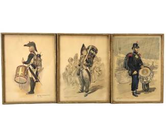 Signed Edmond Lajoux Military Soldier Gouache & Watercolor Paintings, Set Of 3