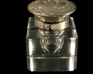 Antique Cut Glass Ink Well With Dutch Windmill Embossed Lid