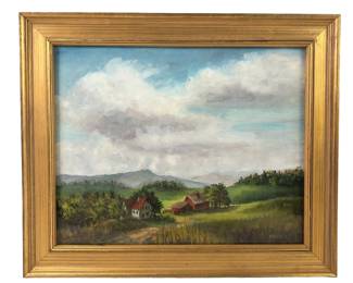Rural Farm Landscape Oil On Board Painting, Signed M. Martin
