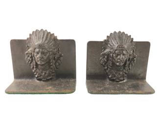 Vintage Native American Chief Head Cast Metal Bookends
