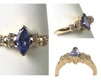 Marquise Tanzanite & Diamond Ring Set In 14K Yellow Gold, Size 7