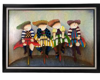 Whimsical Puffy People On Bicycles Oil On Canvas Painting, Signed J. Roybal