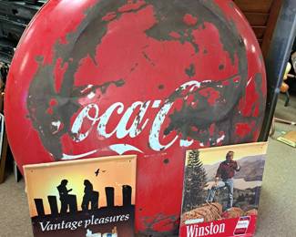 Contents from 8 different estates/families under one roof.  Large selection of advertising signs and advertising items.  4' Coca Cola button sign, Winston and Vantage cigarettes signs