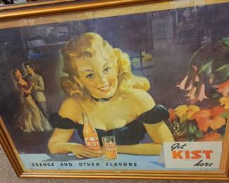 Much framed prints, oils, posters and cardstock signs. As Is framed "Kist" Soda cardboard sign.