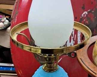 Many table lamps. Fenton "Blue Poppy" lamp