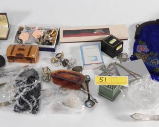 51:Estate costume jewelry, purse, dresser smalls