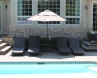 Fortunoff Chaise Lounges ; Fortunoff Umbrella & Base table/stand.