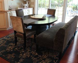 Arhaus Dining Set Includes 3 pc velvet banquette seating + 3 leather chairs. Surya Rug 130” X 94 1⁄2”