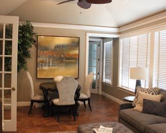 Leather Ottoman 32” X 32”, 8’ White Birch Tree, Rick Anderson Wall Art 55” X 55”