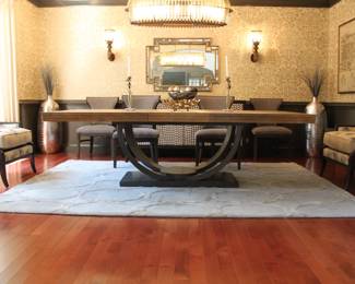 Century “Omni “ Dining Table. Includes custom made pads. Desert Top/Storm Base 122” max, 2 leaves. Ambella Lounge/Dining Chairs (sold only as pair). Bernhardt Dining Chairs ( sold only as set of 6). Surya Rug 8’ X 11’
Bernhardt Buffet. 76” W X 36 1⁄4” H X 20” D. John Richard Mirror 49 1⁄2” W X 35” H