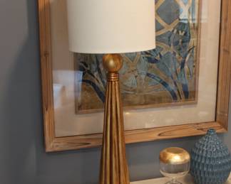 Hooker Demi-Lune Consoles w/Onyx Tops 34” W X 34” H X 18” D (2 available)
Uttermost Parvani antique metallic gold Buffet Table Lamps (2 available)