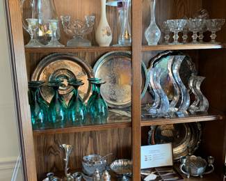 silver plate and green goblets