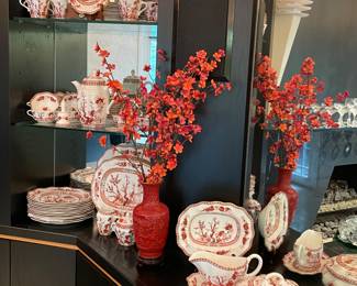 Coalport  Indian Tree Coral place setting for 12 includes serving pieces.  Cinnabar vase