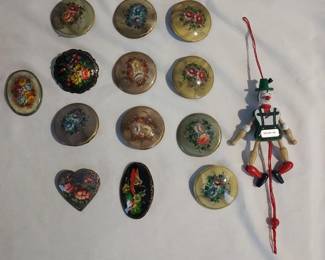 12 Beautiful Vintage Hand Painted Wood Lacquered Brooches Plus a Souvenir Puppet from Helen GA