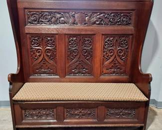 Beautiful Antique European Carved Hall Bench with Bottom Storage Oversized