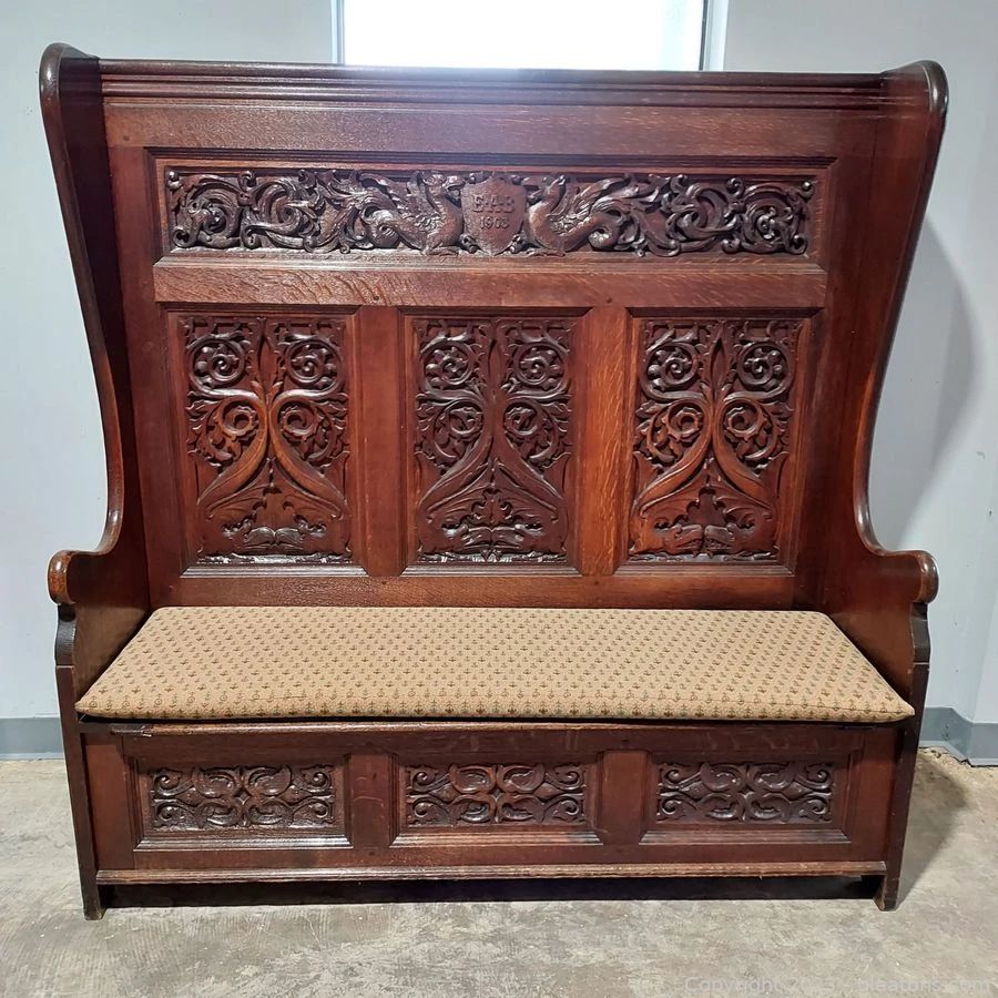 Beautiful Antique European Carved Hall Bench with Bottom Storage Oversized