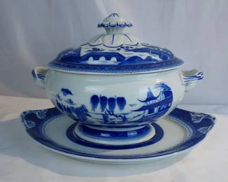 Beautiful Blue Canton Oval Tureen and Stand