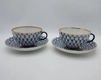 Gorgeous Pair of Vintage Lomonson Tea Cups and Saucers Cobalt Blue Fishnet Pattern
